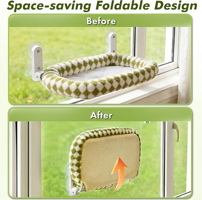 Cat Window Perch with Bolster, Cordless Foldable Cat Window Hammock with Strong Suction Cups & Metal Frame, Machine Washable Pet Bed for Indoor Cats (Green, Medium)