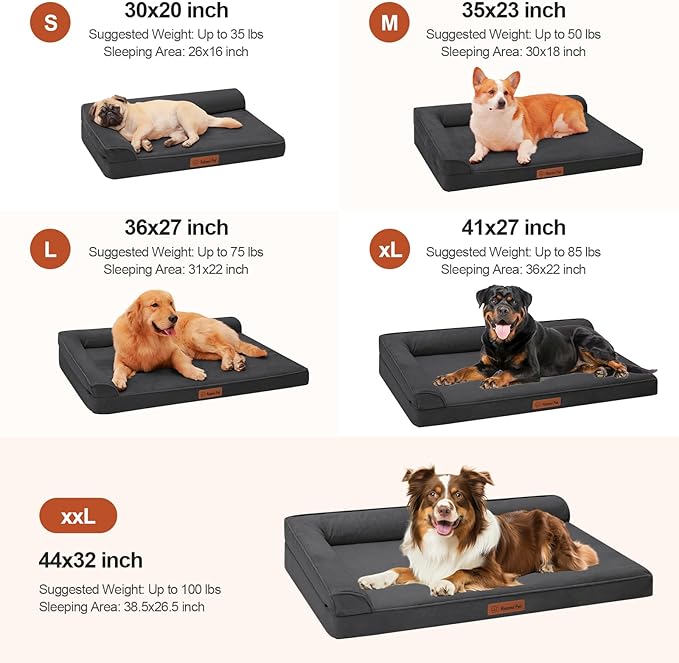 Orthopedic Dog Bed for Large Dogs, 36"x27"x6" Memory Foam Pet Bed with Washable Microsuede Cover, TPU Waterproof Liner & Nonskid Bottom, for Indoor, Outdoor, Crate ＆ Car Use, Dark Grey