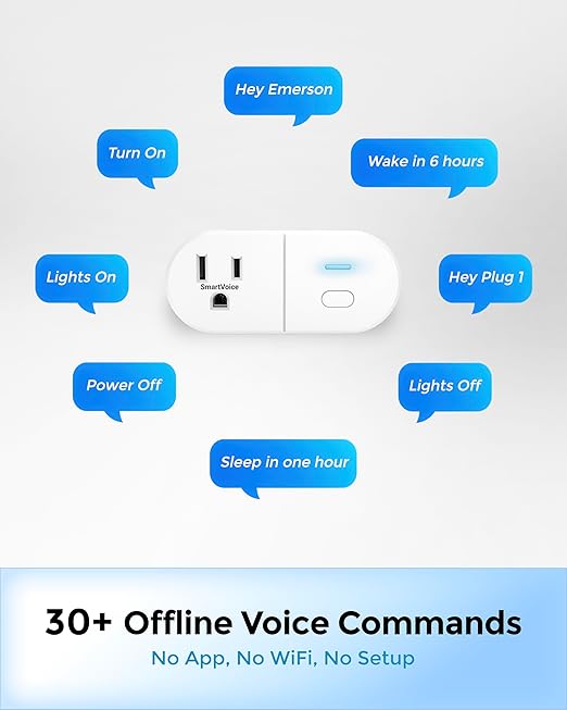 Emerson SmartVoice ES513 Wall Plug, Offline 30+ Voice Control Commands - No APP, No WiFi, No Setup, Smart Outlet Extender for Home and Office, Sleep & Wake Timer, ETL Listed