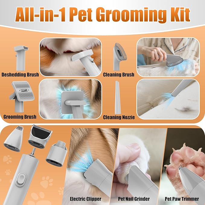AIRROBO Dog Grooming Vacuum and Kit with Clipper Nail Trimmer Grinder, 12000Pa Pet Vacuum for Shedding Grooming, 2L Large Capacity Dog Hair Vacuum with 8 Pet Grooming Tools, PG100 Plus