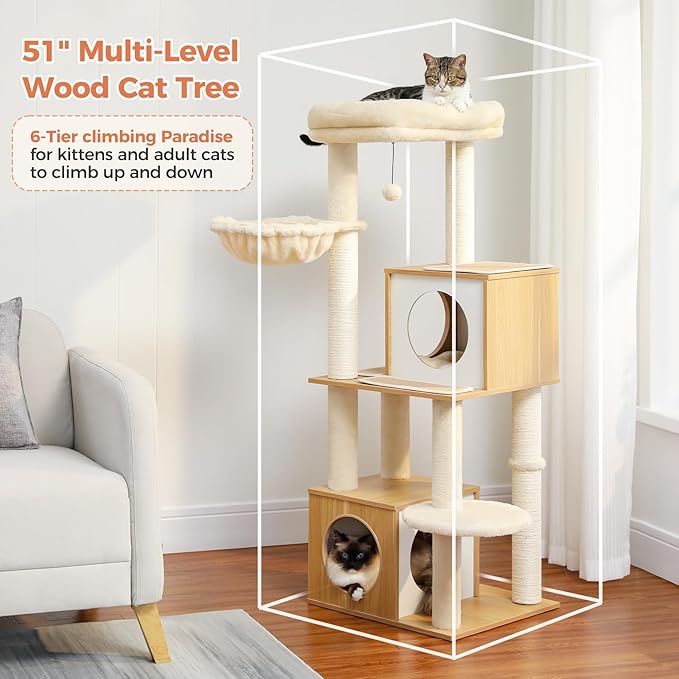 Modern Cat Tree for Indoor Cats Large Adult, 51 Inches Wood Cat Tower with Cozy Condos, Fully Sisal-Wrapped Scratching Posts, Top Perch and Soft Hammock, Kitten Play House, Beige