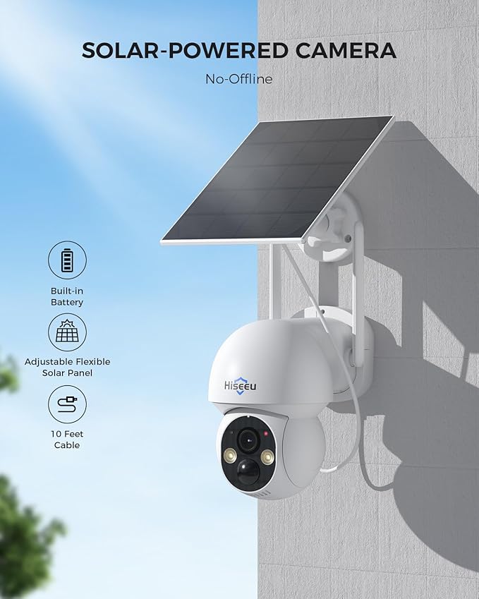 Hiseeu Solar Wireless Security Camera Outdoor, 2.4G & 5G WiFi,Color Night Vision, 360° View, Pan & Tilt, 100% Wire-Free Add on Cam Compatible with 100% Wireless Home Security Camera System