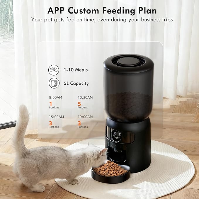 Automatic Cat Feeder with Dual Camera, 5G WiFi App Control: 5L Automatic Dog Food Storage Container with 2K HD Video and Laser Pet Toy, Dual Power Timed Smart Pet Food Dispenser for Cats&Dogs