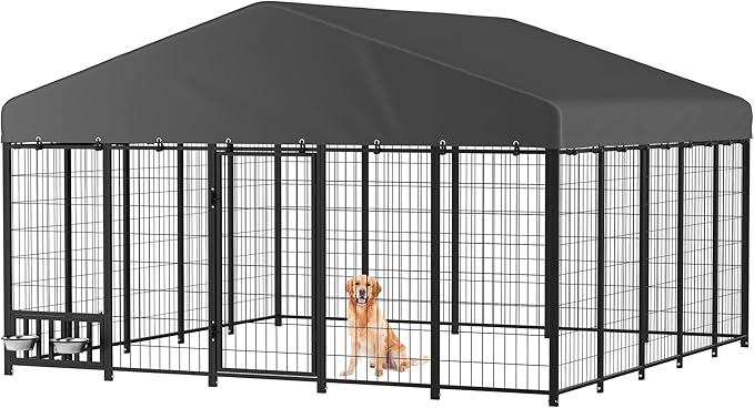 Heavy Duty Outdoor Dog Kennel for Yard, 10x10 Large Steel Chain Link Fence with Roof, Dog Run Enclosure with Feeding Bowl & Self-Locking Latch