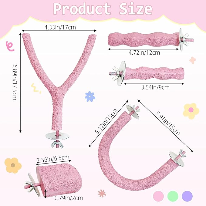 PINVNBY 5 Pack Bird Perch Resin Bird Beak Grinding Stone Parrot Cage Stand Platform Foot Claws Trimmer Chew Toy Cage Accessories for Budgie Cockatiel Conure Lovebird Finch (Pink)