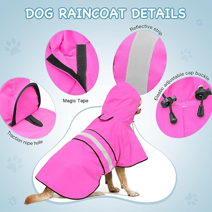 Dog Raincoat - Reflective Waterproof Dog Rain Jacket with Leash Hole, Lightweight Hooded Doggy Rain Coat Pet Slicker Poncho for Walking (X-Large, Pink)