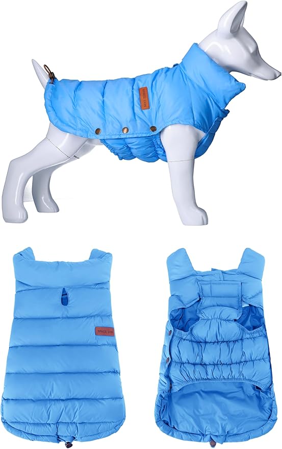 SPACE LION Dog Puffer Jacket, Down Winter Coat, Durable Outdoor Coat for Cold and Windy Conditions, Lightweight & Adjustable Fit Coats for Medium Dogs, (Blue, Size14/L)