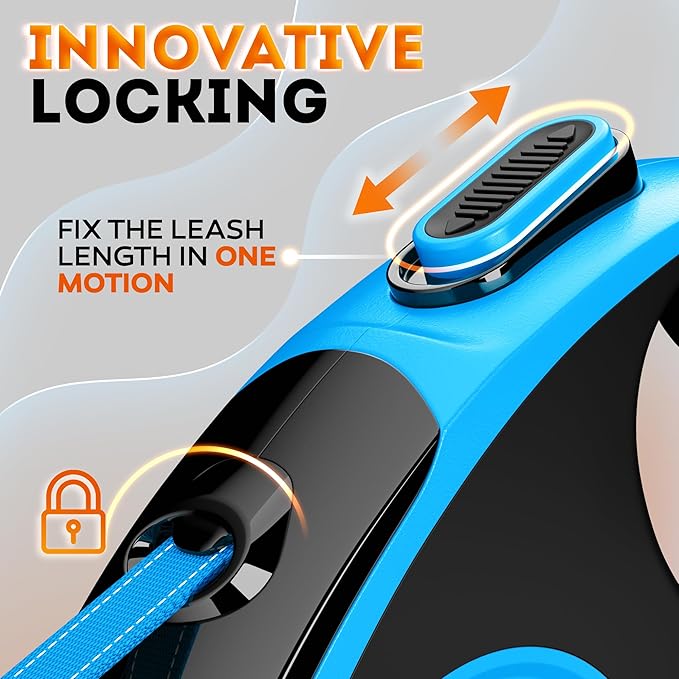 2025 New Retractable Dog Leash 16.4 ft – Heavy Duty for Dogs up to 110 lbs, Stainless Steel Spring, 360° Tangle-Free, One-Touch Lock Control, Soft Anti-Slip Handle – Strong, Durable Pet Leash (Bue)