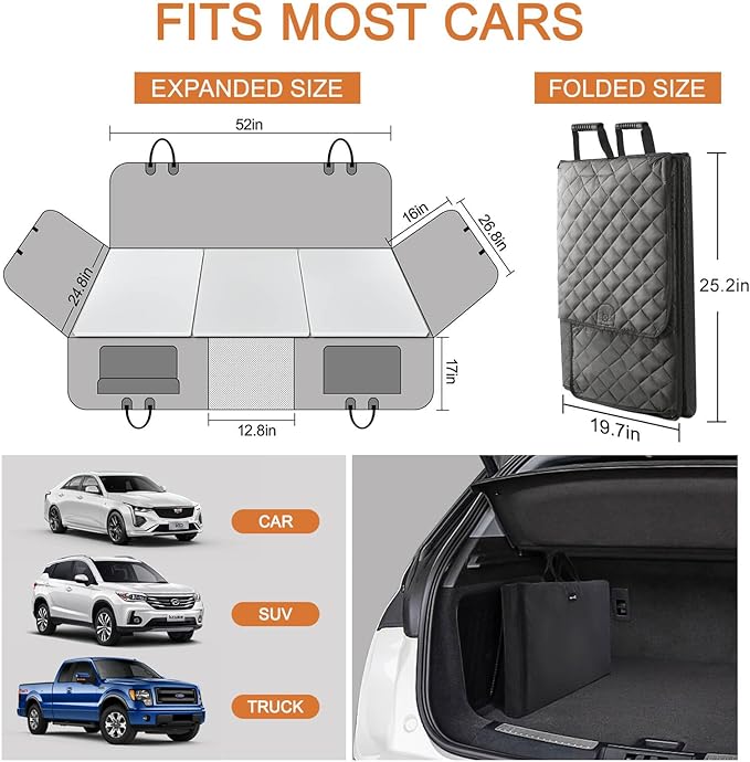 petizer Back Seat Extender for Dogs, Hard Bottom Dog Car Seat Cover, Nonslip Durable Soft Back, 100% Waterproof Car Hammock, Travel Bed, Washable Backseat Protector, Detachable Seat Covers for Car