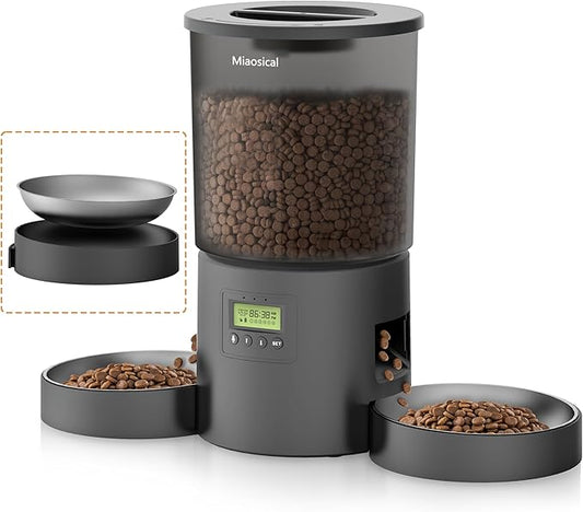 Automatic Cat Feeder for 2 Cats, 4.2L Dual Food Dispenser, Up to 6 Meals/Day, Portion Control, Voice Message, Dual Power Options (Transparent+Black, Dual Stainless Steel Bowls)