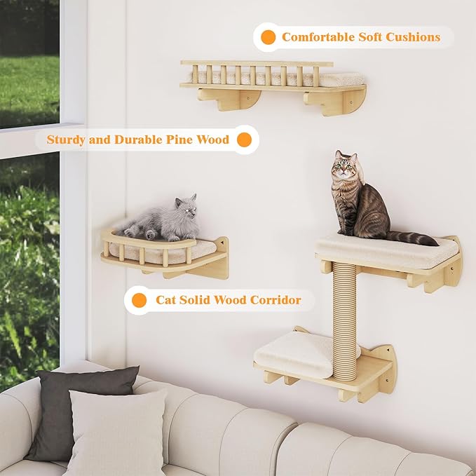 BYBYME Cat Climbing Wall Set Made of Natural Wood, 8 Pcs Sturdy Furniture with Scratching Posts, Kitten Platform, 100CM Sisal Rope and Cat Bed for Cats Sleeping, Playing, and Lounging（Natural Wood）