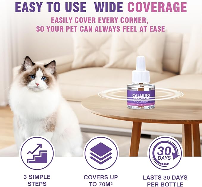 Cat Calming Pheromone Diffuser Refills 4 Pack Anxiety and Stress Calming for Cats Reduce Inappropriate Peeing and Spraying Fragrance Free for Bedroom Bathroom Reduces Conflict in Multi-Cat Households