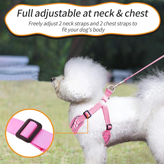 Dog Frenchie Harness with Leash Set, No Pull Adjustable Step in with Breathable Padded Vest Harness for Small Medium Large Dogs Training and Running (S Pink)