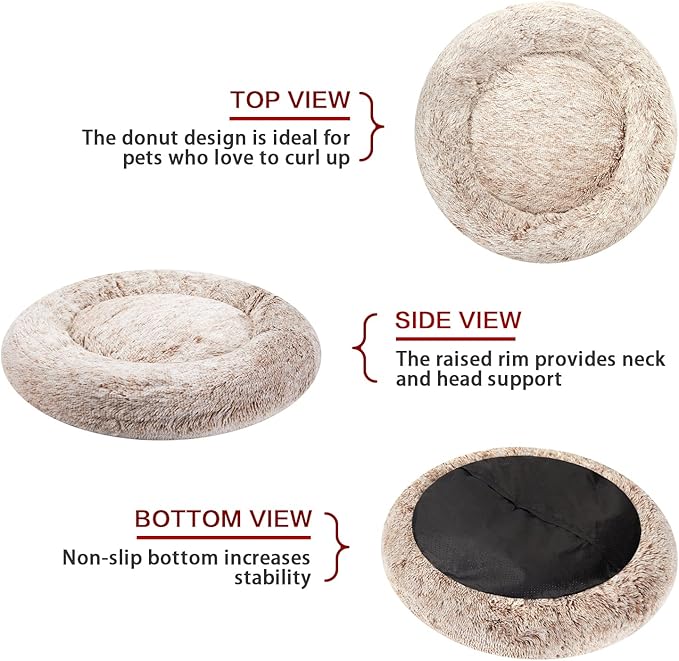 Bedfolks Calming Donut Dog Bed - 30" Round Plush for Medium Dogs, Anti-Anxiety, Machine Washable (Brown, Medium)