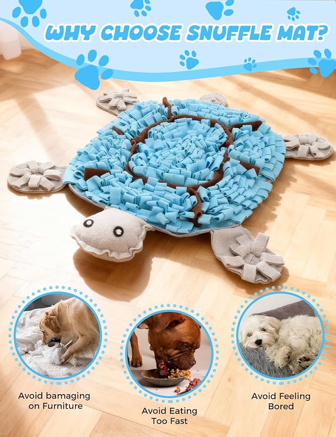 Snuffle Mat for Dogs, Turtle Design 28.8''×22.8 ''Inch Large Snuffle Mat for Dogs, Slow Feeder Dog Food Mat, Mental Stimulation Enrichment Puzzle Feeder Dog Toy for Anxiety Relief（Blue）