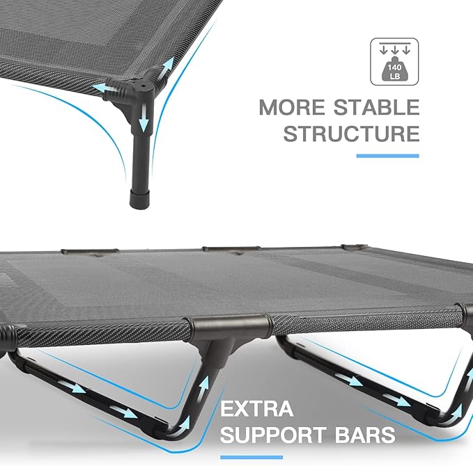 Suddus Elevated Dog Bed for Large Dogs 140lb, Breathable Cooling Raised Dog Cot with Dual Support Bars & Metal Frame, No-Slip Feet, Waterproof Pet Bed for Indoor/Outdoor, X-Large, 48 * 36 * 9in, Grey