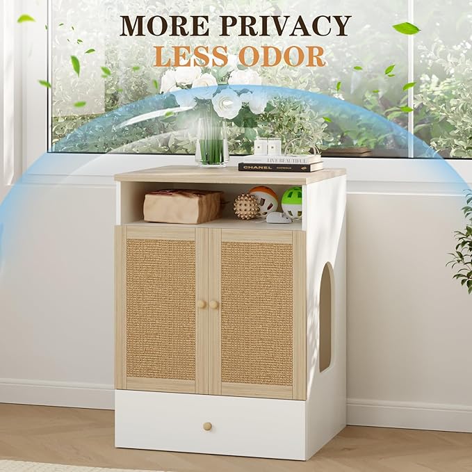 Cat Litter Box Enclosure Furniture, Indoor Wooden Cat Hidden Litter Box Furniture Cabinet with Scratching Board Doors and Feeder Bowls, 23"x17"x32"H
