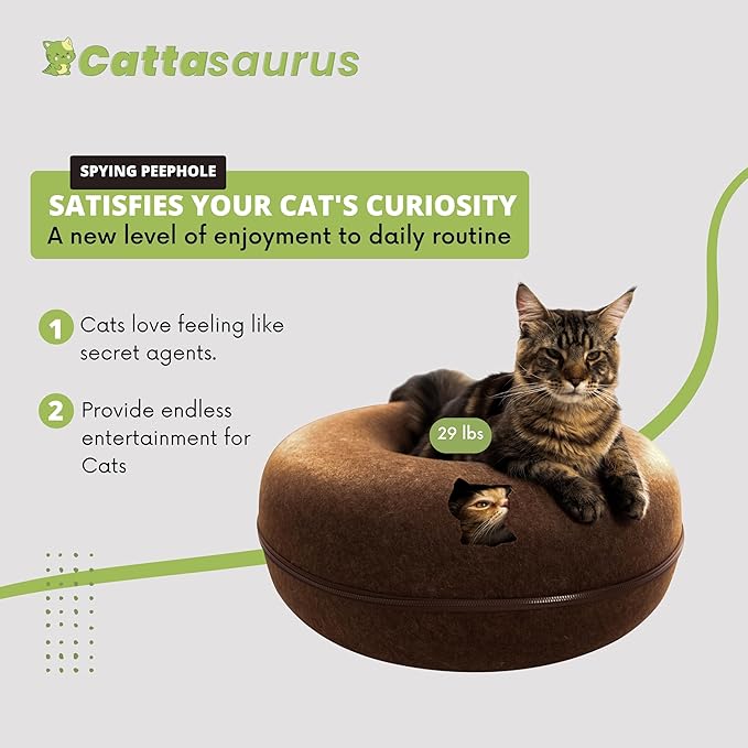 Cattasaurus Peekaboo Cat Cave Donut for Multiple & Large Cats up to 30-45 lbs, 3-in-1 Self Warming Cat Bed, Tunnel & Scratcher for Indoor Cats, Washable & Detachable Small Dog Bed (Brown, Jumbo)