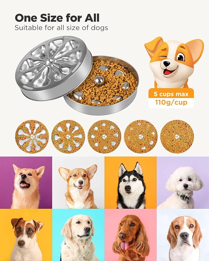 Slow Feeder Dog Bowls – Stainless Steel Non-Slip Metal Bowl for Slow Feeding, 5 Cups Large Capacity, Double-Sided Design for Dry, Wet, or Raw Food, Ideal for Small, Medium, Large Dogs