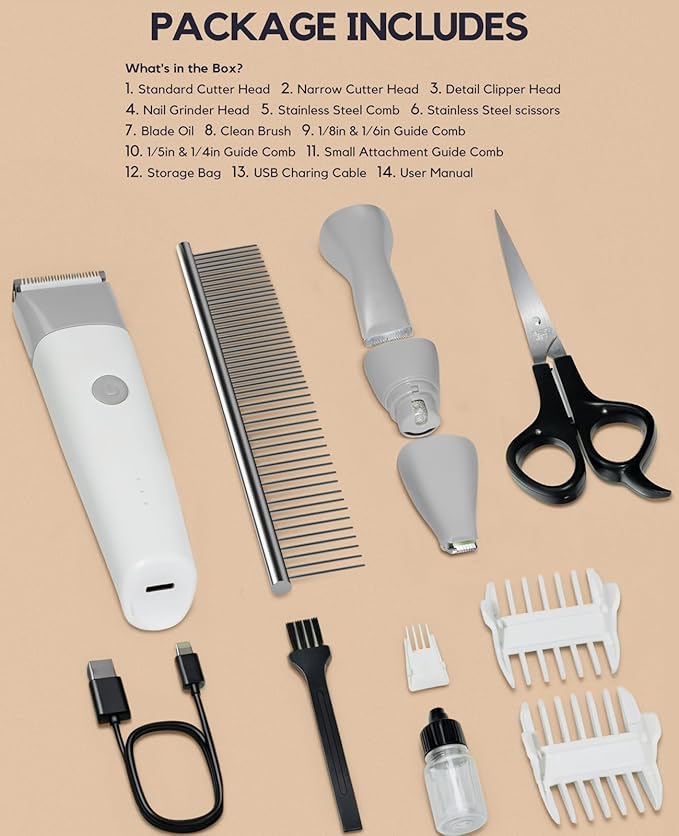 Dog Clippers Grooming Kit, 4 in 1 Quiet Cordless Dog Paw Trimmer & Nail Grinder, Small Dog Cat Clippers Electric Rechargeable Low Noise Pet Shaver for Trimming Hair on Paw Eye Ear Face Rump (Gray)