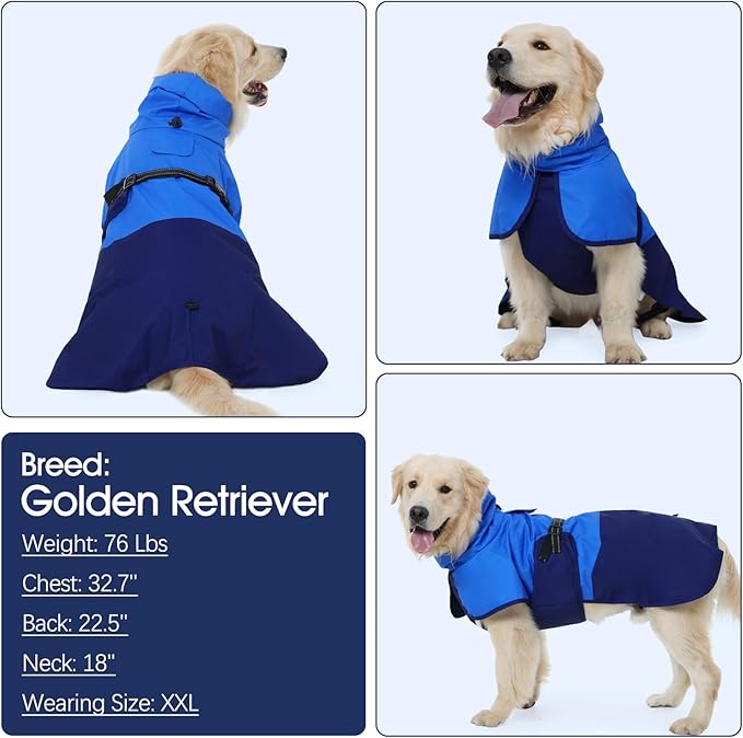 BRKURLEG Dog Raincoat Adjustable Dog Rain Jacket with Hood Dogs Waterproof Rainproof Jacket with Leash Hole Pet Poncho Rain Coat Poncho with Reflective Strip, Blue, M