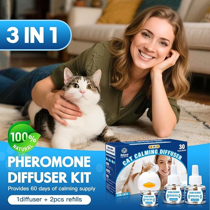 Cat Calming Pheromones Diffuser: 3-in-1 Kit Cat Appeasing Pheromone Diffuser to Calm (1 Plugin+2x48ml Refills) for Comfort Reduces Stress Anxiety, Long-Lasting Appeasing Pheromone for Pet Cat (3in1)