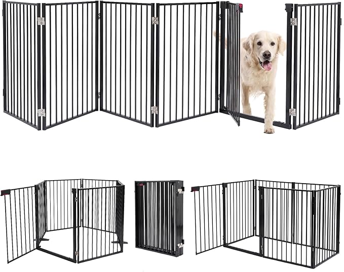 Metal Freestanding Dog Gates with Door,Extra Wide 24", 32" Height Foldable Dog Fence for Indoor & Outdoor, Heavy Duty Freestanding Pet Barrier for Stairs, Doorways, Halls, Kitchen,Yard,Christmas Tree