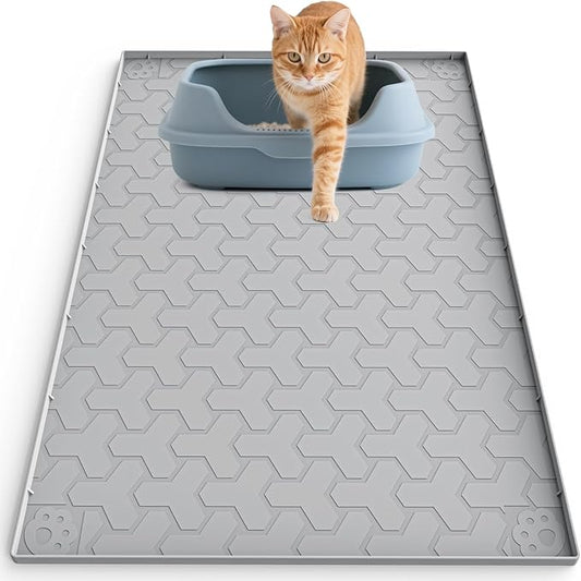 Silicone Cat Litter Mat for Litter Box - 34" X 22"/24" X 15" Waterproof Urine - Proof Mat, Non - Slip Trapping Pad to Keep Floor Clean, Easy to Clean Cat Floor Mat（Gray)