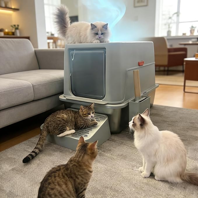 Stainless Steel Litter Box with Smart Odor Control System, XXL Extra Large Enclosed Metal Cat Litter Box with Lid for Kitty&Big Cats, High Sided Enclosure with Scoop & Stairway, Anti-Leakage-Grey