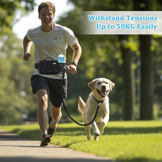 ETACCU Hands Free Dog Leash with Zipper Pouch, Waist Belt for Large Medium Dogs for Running, Walking, Jogging and Hiking, Dual Padded Handles and Durable Bungee - Black (1 Dog Black)