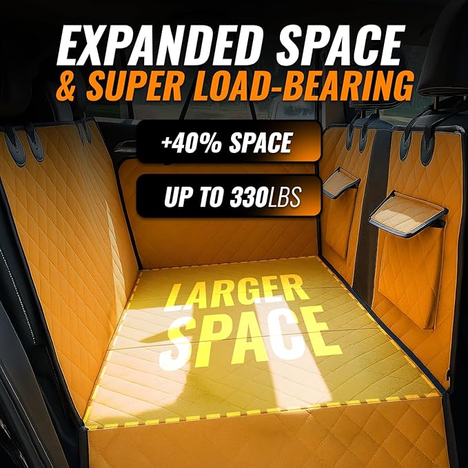 Back Seat Extender for Dogs with Waterproof Cover Hard Bottom Includes Pet Hair Remover and 2 Safety Straps Ideal for Large Cars and SUVs Perfect for Travel Road Trips Car Pet Bed Dog Seat Protector