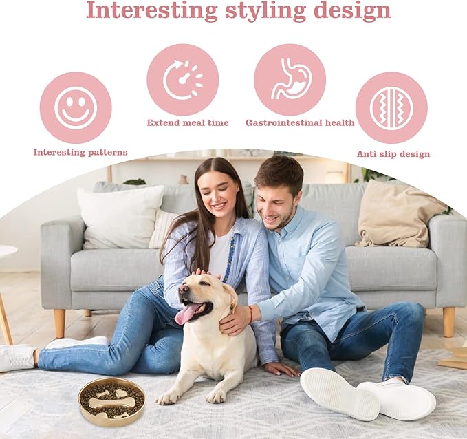 Golden Stainless Steel Slow Feeder Dog Bowls – Non-Slip Metal Dog Bowl for Large & Medium Breeds, Puppy Puzzle Feeder – 2 Cup Capacity for Small to Big Pets – Durable Slow Feed Dog & Cat Food Dish