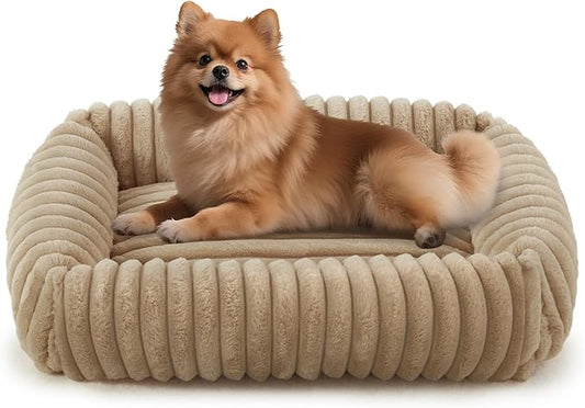FURTIME Dog Bed for Small Medium Dog, Washable Orthopedic Pet Bed with Removable Cover, Rectangle Soft Calming Sleeping Puppy Bed Durable Pet Cuddler with Anti-Slip Bottom, Beige, M (25"x21"x7")