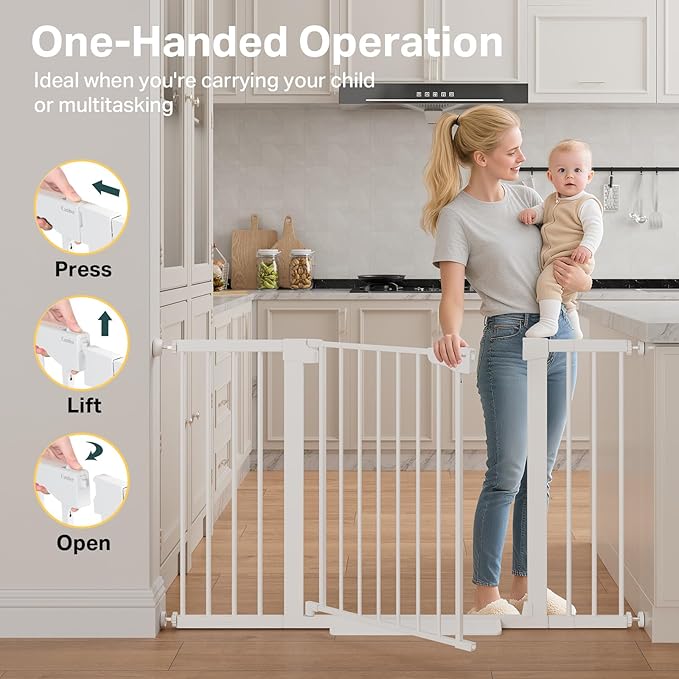Cumbor 2 Pack 29.7"-51.5" Extra Wide Baby Gate for Stairs, Easy Wall Through Dog Gates for Doorways, Pressure Mounted Pet Gate Indoor, Safety Auto-Close Child Gate for Kids with 4 Wall Cups, White