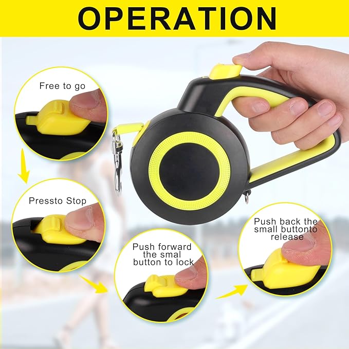 Retractable Dog Leash,Night Reflection,Light Weight Leash for Small to Medium Dogs/Cats,Stainless Steel Spring,Strong Nylon Tape, One-Handed Brake (Black-Yellow)