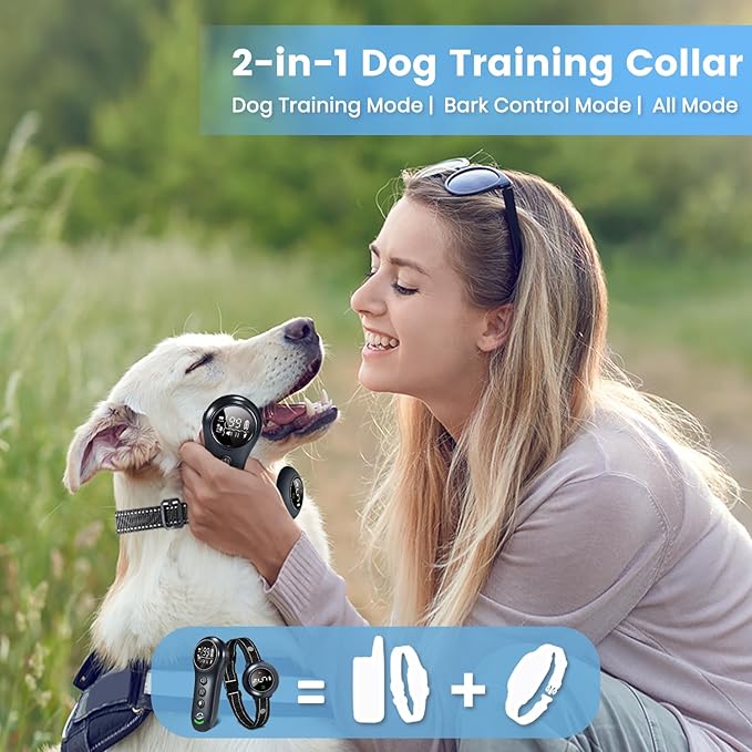 2-in-1 Shock Collar for Dogs & Dog Training Collar with Remote Control 3300FT, Dog Bark Collar with IP67 Waterproof 5 Level Sensitivity, Rechargeable E Collar for Small Medium Large Dogs - Black