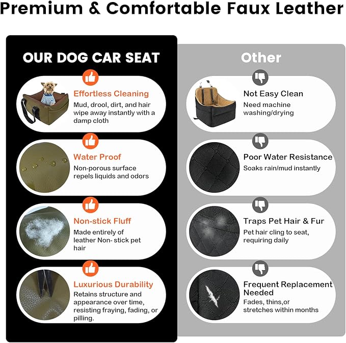 Dog Car Seat for Small Dogs, Large Leather Dog Car Bed with Storage Pocket, Waterproof PVC Leather Booster Seat Travel Bed for Front & Back Seat, Clip-On Safety Leash (Green/Brown)