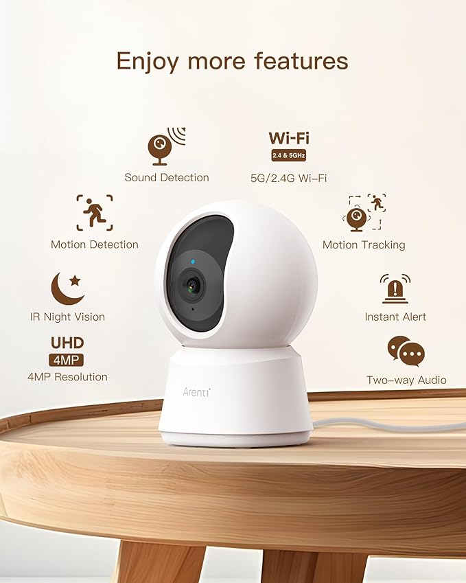ARENTI 5ghz WiFi Security Camera Indoor, 4MP Plug-in Pet Dog Camera with Phone App, Baby Home Cam 2.4G/5G Dual-Band, AI Motion Detection, Auto Tracking, 2-Way Talk, Night Vision, Works with Alexa