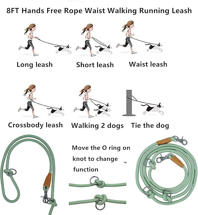 8FT Hands Free Dog Rope Leash, Waist Body Running Leash for Dog Walking (Sage Green, 8FTx10MM)