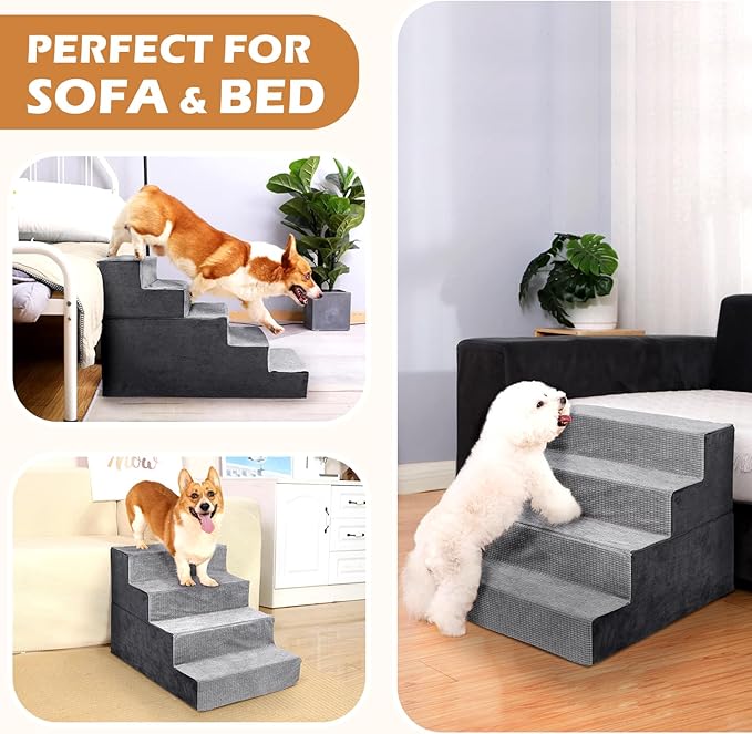 Heeyoo Dog Stairs for Small Dogs, 4-Step Dog Steps for High Bed and Couch, High-Density Foam Pet Steps with Supporting Board, Non-Slip Removable Washable Cover, Grey, 18" High