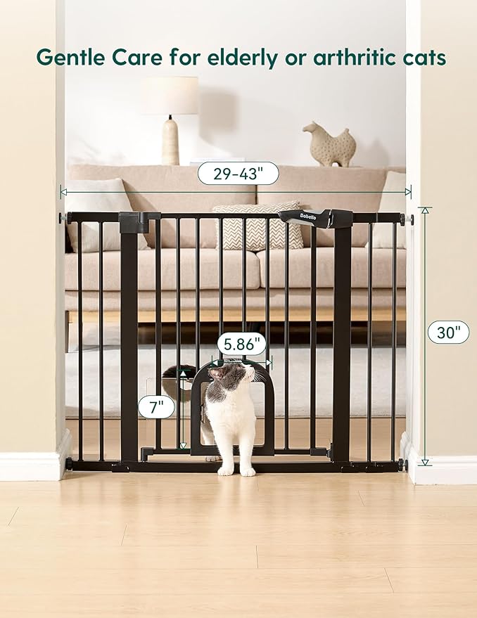 Babelio Upgraded Baby Gate with Cat Door, 29-43" Auto Close Durable Dog Gate for Stairs, Doorways and House, Easy Walk Thru Safety Gate with Pet Door Includes 4 Wall Cups, Black