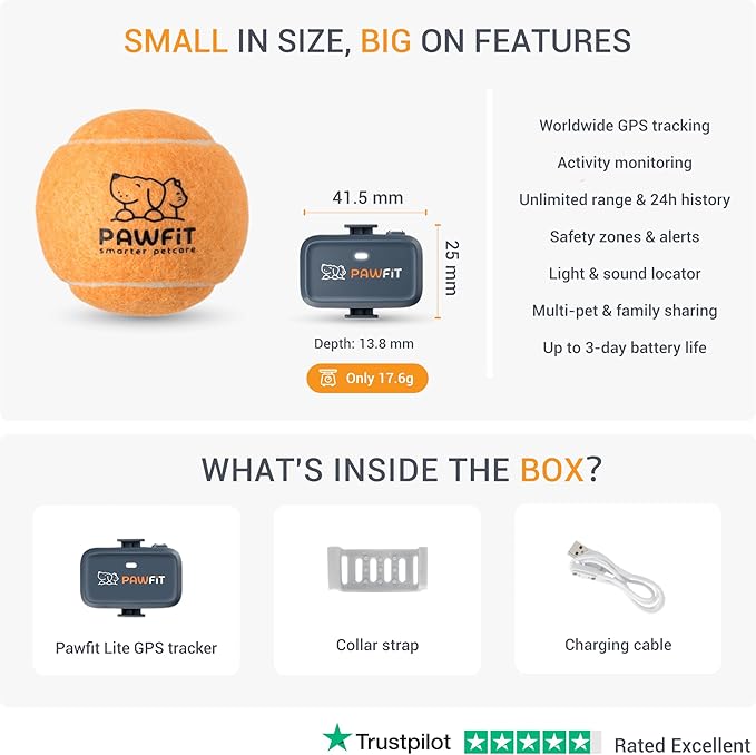 Pawfit Lite for Small Dogs 4g GPS Tracker | Real Time Tracking | Activity Monitoring |Location History | Unlimited Range | Onyx Black