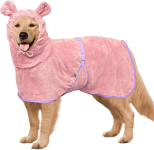 Dog Bathrobe Super Absorbent Towel Robe - Microfiber Bath Towels Fast Drying Coat for Dogs, Cute Dogs Clothes Adjustable Collar & Belly Strap Warm Keeping Hooded Dog Towel (Pink, XX-Large)