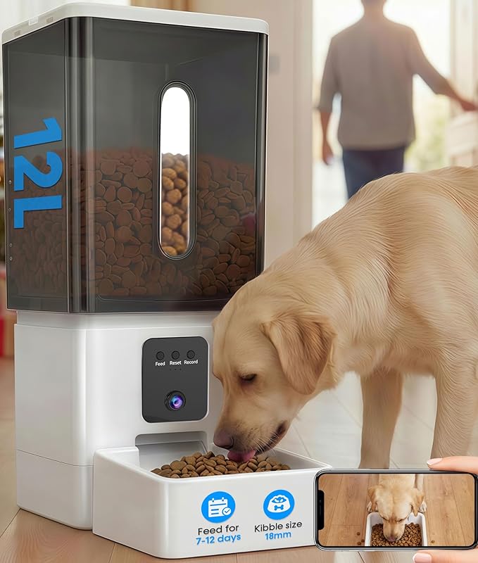 Large Breed Automatic Dog Feeder: 12L/50 Cups 5G WiFi Timed Dog Food Dispenser for Labrador - with HD 1080P Camera, Anti-Clog by Wnfuo