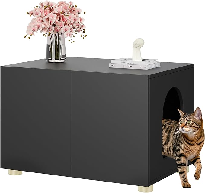 Small Litter Box Enclosure, Sleek Modern Cat Litter Box Cabinet Furniture, Wooden Cat House, End Table (Black)