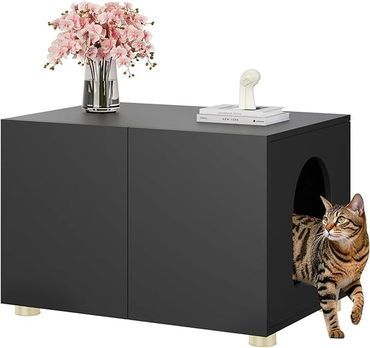 Small Litter Box Enclosure, Sleek Modern Cat Litter Box Cabinet Furniture, Wooden Cat House, End Table (Black)