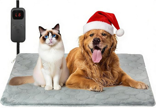 Cat Heating Pad, 6 Adjustable Temperature & 5 Timer Options, 15.7'' x 27.5'' Pet Heating Pad for Cats Dogs, Waterproof Indoor Outdoor Electric Heated Cat Bed Dog Mat with Chew-Resistant Cord (Grey)