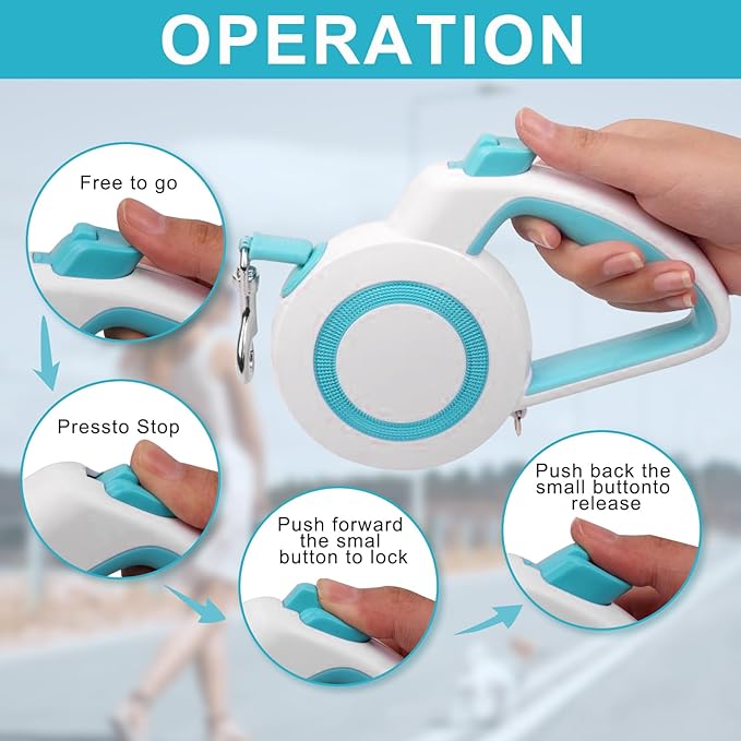 16Ft Retractable Dog Leash,Night Reflection,Light Weight Leash for Small to Medium Dogs/Cats,Stainless SteelSpring,Strong Nylon Tape,One-Handed Brake(Blue-White)