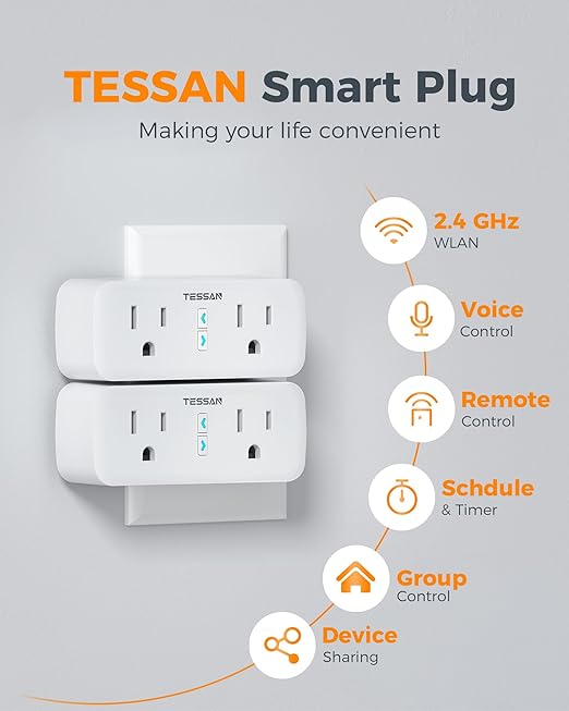 TESSAN 2 Pack Smart Plug, WiFi Smart Outlet with Dual Sockets, Compatible with Alexa and Google Home, Remote Control Outlet with Timer Function, Voice Control, Surge Protection, 2.4GHz WiFi Only