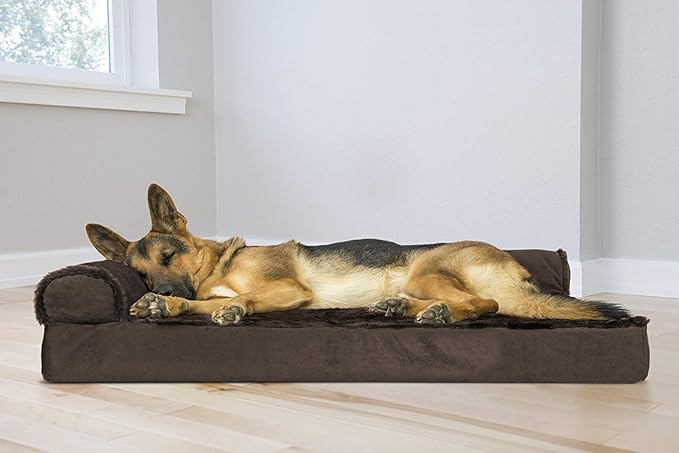 Furhaven Orthopedic Dog Bed for Large Dogs w/ Removable Bolsters & Washable Cover, For Dogs Up to 95 lbs - Plush & Velvet L Shaped Chaise - Sable Brown, Jumbo/XL